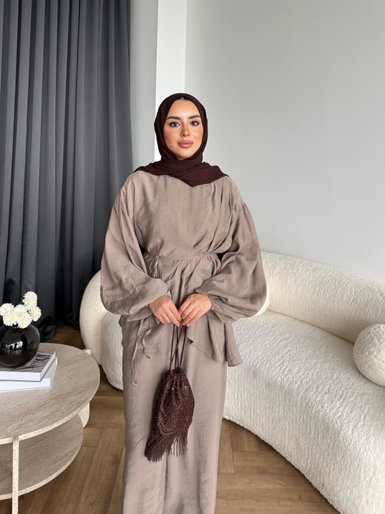 HR-2838H&R ButikHen - Gima Yan Pileli Modal Takım Vizon