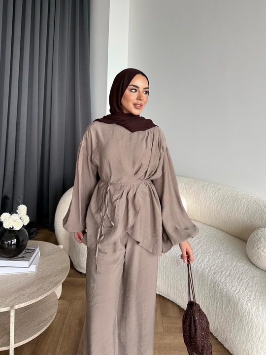 HR-2838H&R ButikHen - Gima Yan Pileli Modal Takım Vizon
