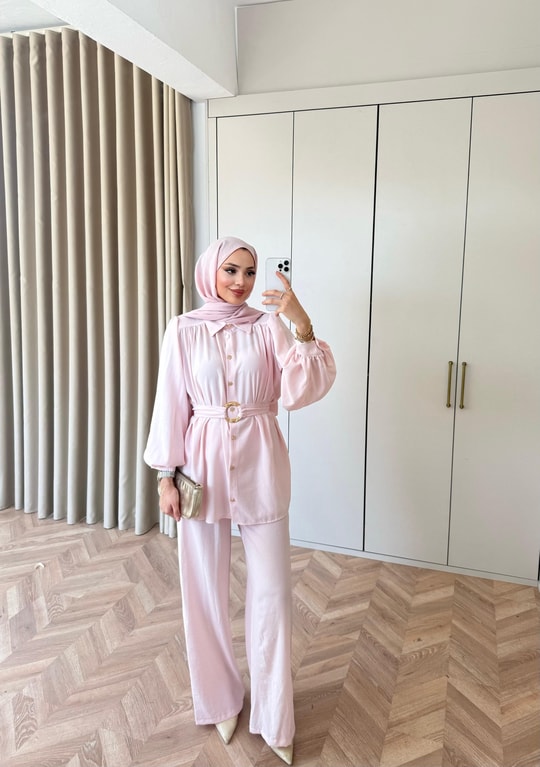 HR-0983H&R ButikHen- Risa Gold Kemerli Takım Pembe