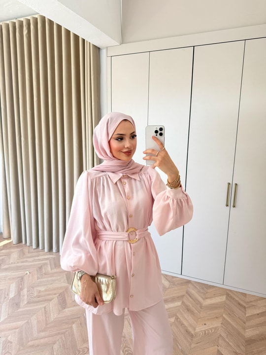 HR-0983H&R ButikHen- Risa Gold Kemerli Takım Pembe