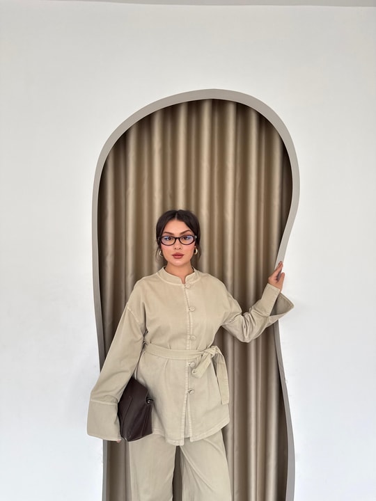 HR-3109H&R ButikHen- Tima Ön Düğmeli Gabardin Takım Bej