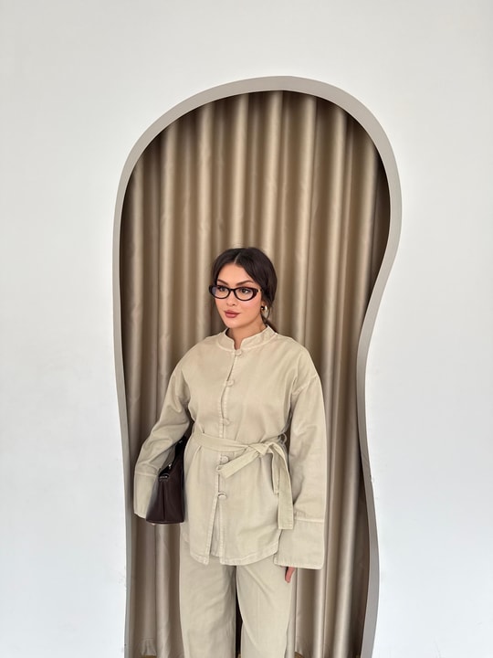 HR-3109H&R ButikHen- Tima Ön Düğmeli Gabardin Takım Bej
