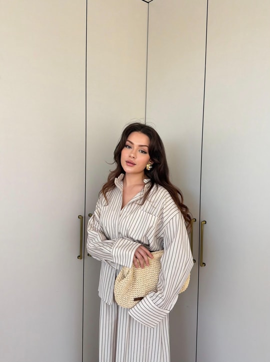 HR-1059H&R ButikHot- Bila Çizgili Takım Açık Bej