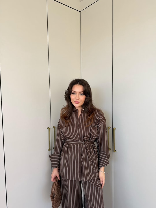HR-1059H&R ButikHot- Bila Çizgili Takım Kahve