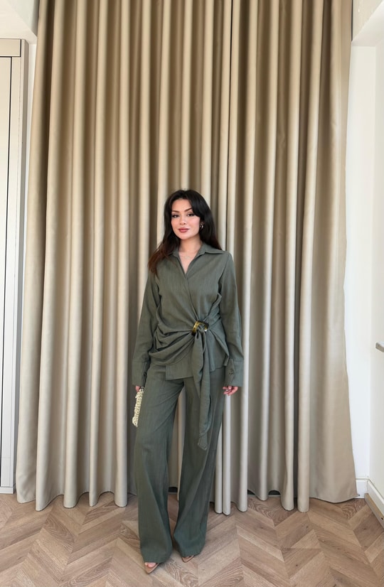 HR-1313H&R ButikHot- Rima Ön Detaylı Keten Takım Haki