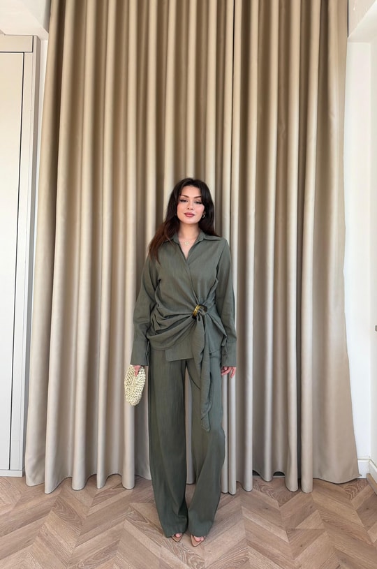HR-1313H&R ButikHot- Rima Ön Detaylı Keten Takım Haki