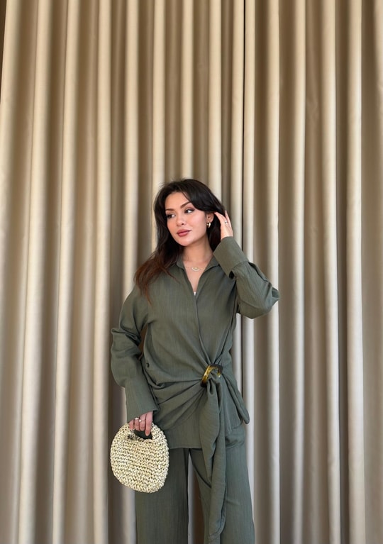 HR-1313H&R ButikHot- Rima Ön Detaylı Keten Takım Haki