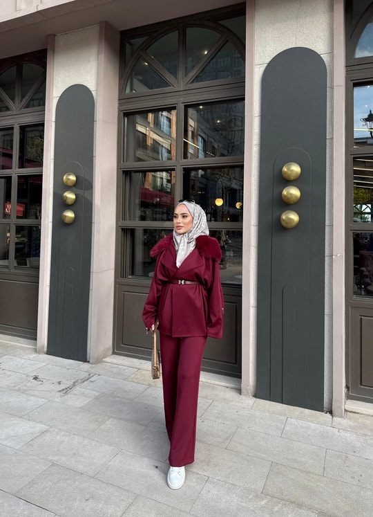 TAKM-1760H&R ButikJoan Kürk Detaylı Scuba Takım Bordo