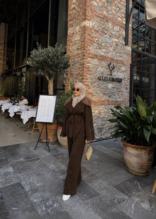 TAKM-1839H&R ButikJoan Kürk Detaylı Scuba Takım Acı Kahve