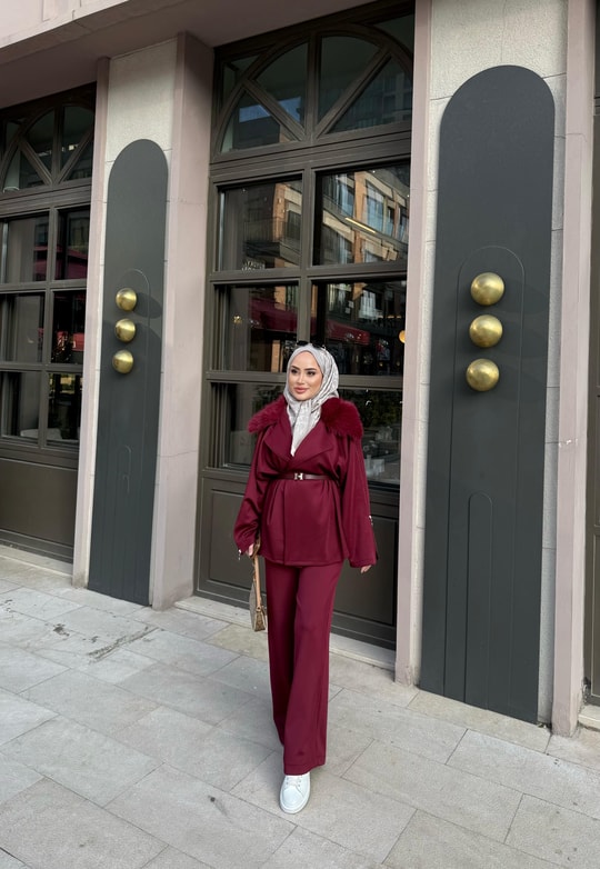 TAKM-1760H&R ButikJoan Kürk Detaylı Scuba Takım Bordo