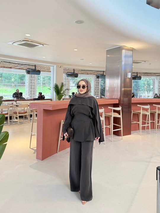 TAKM-2176H&R ButikJose Tensel Pelerin Detaylı Takım Kahve