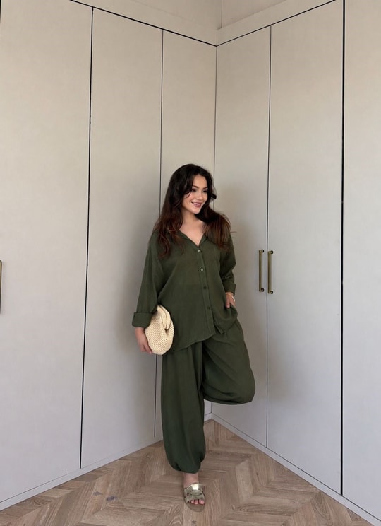 HR-1137H&R ButikLewi Ön Düğmeli Takım Koyu Haki
