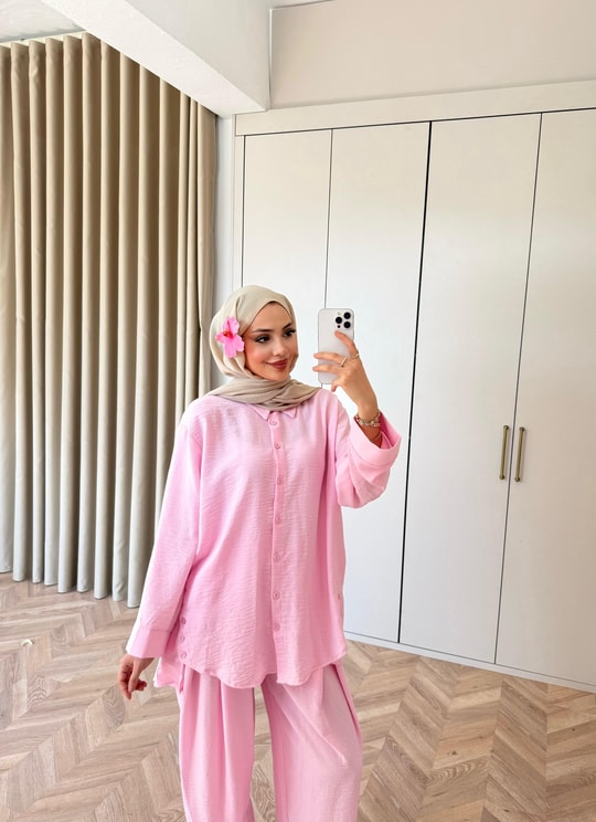 HR-0987H&R ButikMB - Dişla Keten Takım Pembe