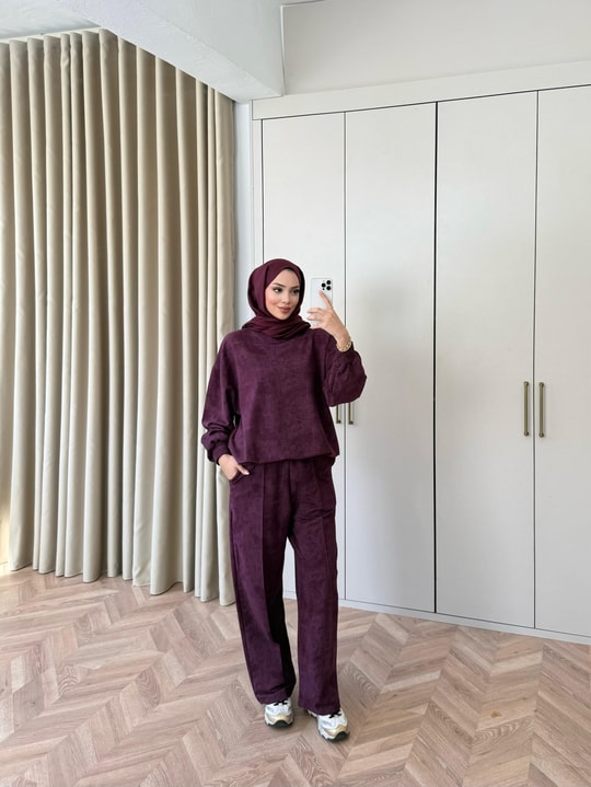 HR-0731H&R ButikMB - Yıkamalı Oysh Takım Mürdüm