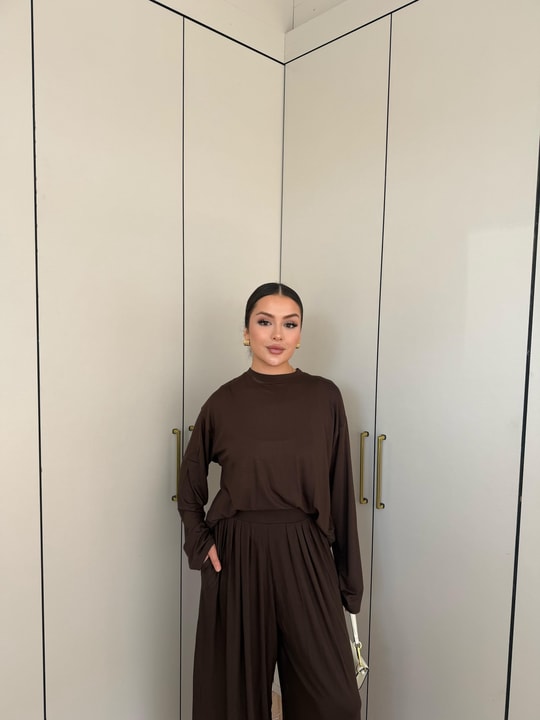 HR-2733H&R ButikMıs- Hilla Pantolon Büzgülü Takım Acı Kahve
