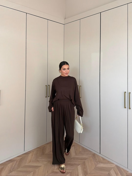 HR-2733H&R ButikMıs- Hilla Pantolon Büzgülü Takım Acı Kahve