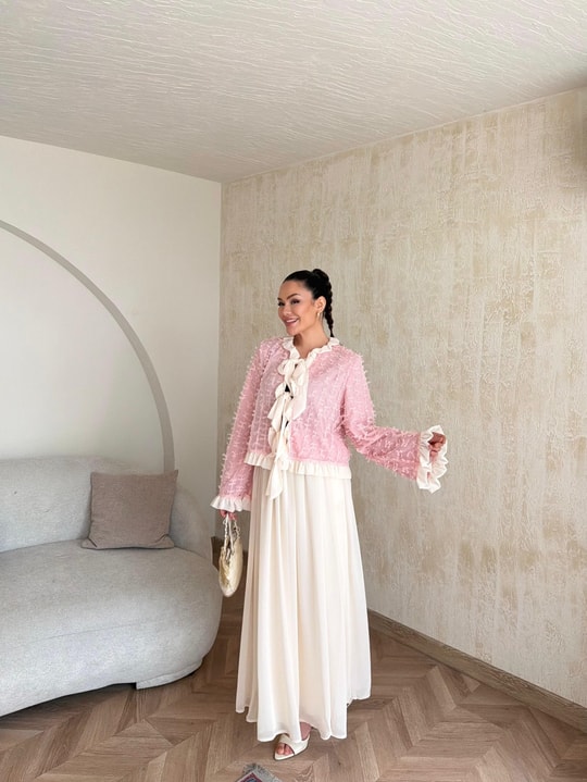 HR-0807H&R ButikNg- Mina Etekli Takım Pembe Beyaz