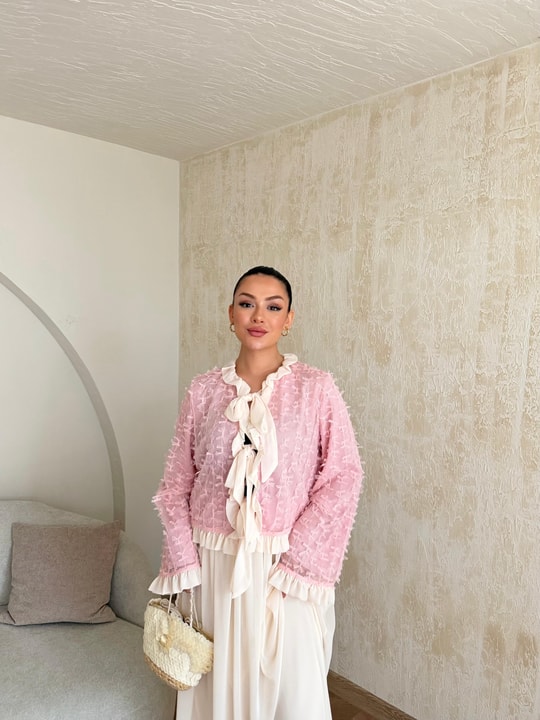 HR-0807H&R ButikNg- Mina Etekli Takım Pembe Beyaz