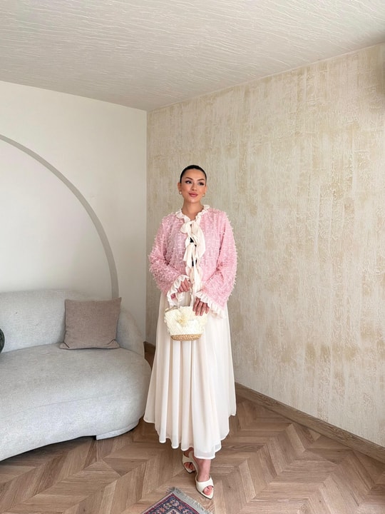HR-0807H&R ButikNg- Mina Etekli Takım Pembe Beyaz