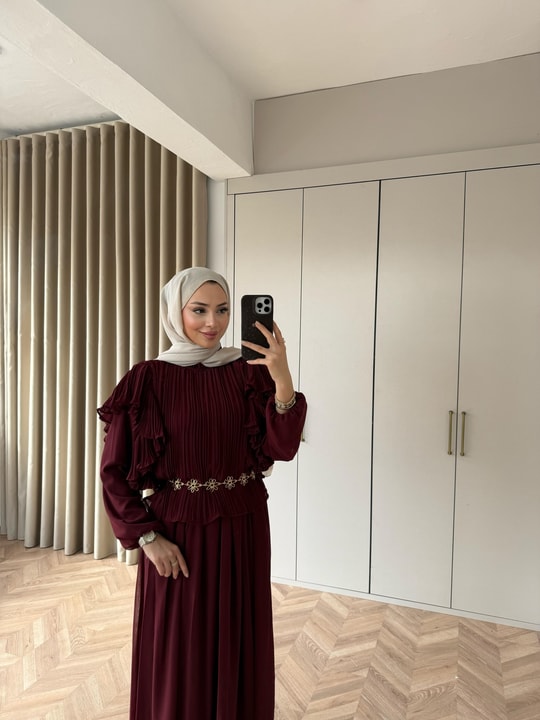 HR-0032H&R ButikNG-Neas Fırfır Detaylı Takım Bordo