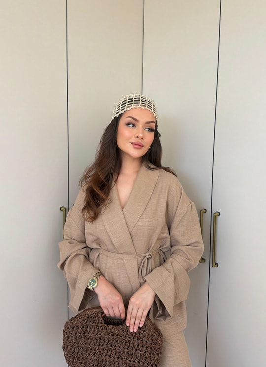 HR-1044H&R ButikNurül Keten Bağcıklı Takım Koyu Camel