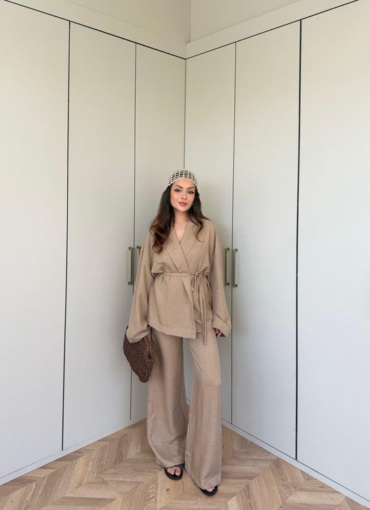 HR-1044H&R ButikNurül Keten Bağcıklı Takım Koyu Camel