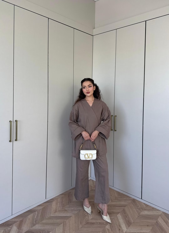 HR-0916H&R ButikPOL - Hena Yan Bağlamalı Takım Kahve