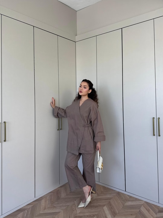 HR-0916H&R ButikPOL - Hena Yan Bağlamalı Takım Kahve