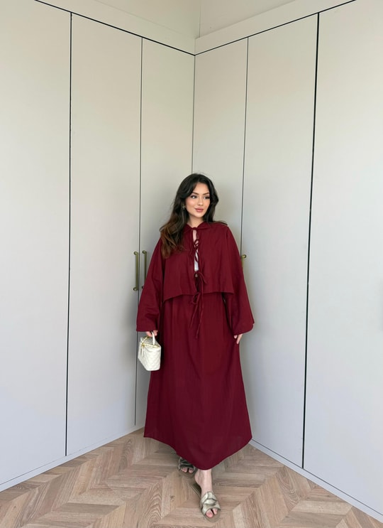 HR-1037H&R ButikPol - Üla Ön Bağlamalı Keten Etekli Takım Bordo