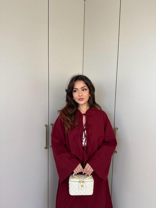 HR-1037H&R ButikPol - Üla Ön Bağlamalı Keten Etekli Takım Bordo
