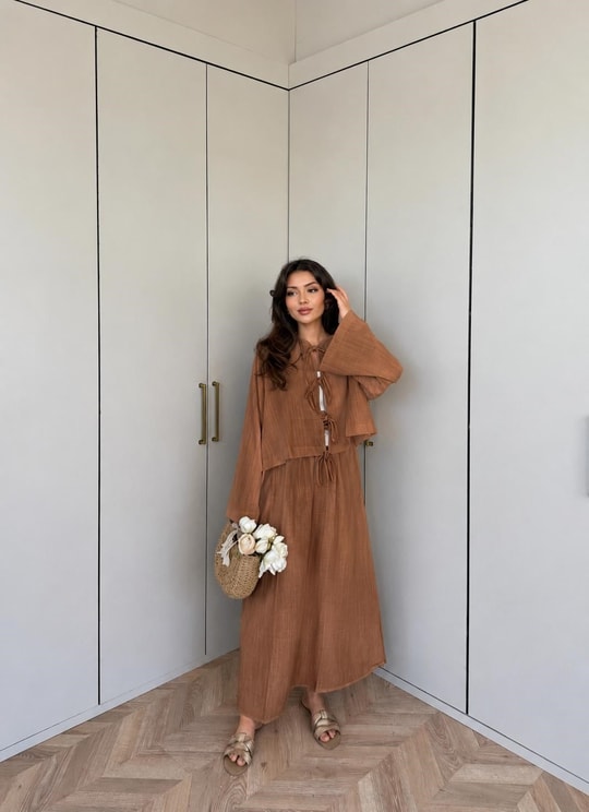 HR-1038H&R ButikPol - Üla Ön Bağlamalı Keten Etekli Takım Tarçın