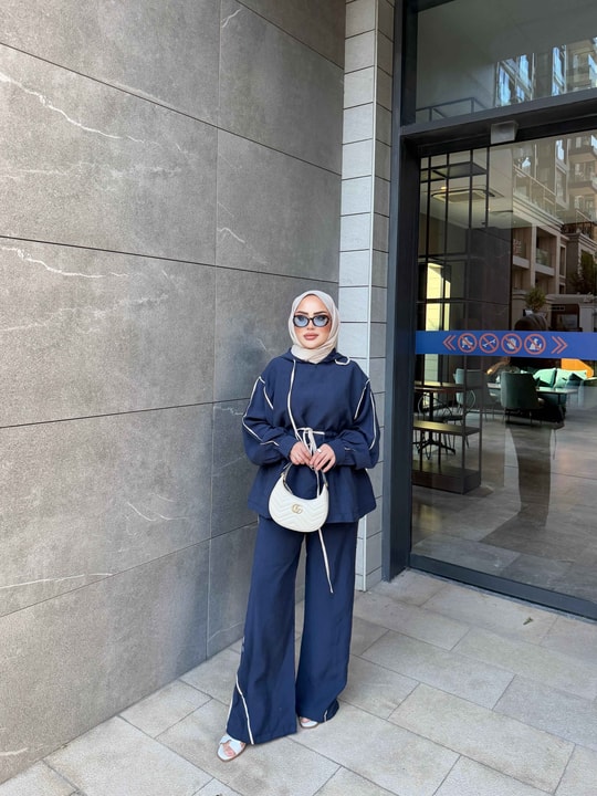 HR-1235H&R ButikPol- Yuşa Çizgi Detaylı Takım Lacivert