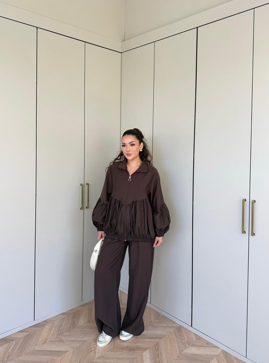 HR-1525H&R ButikPw- Ada Alt Büzgülü Takım Acı Kahve