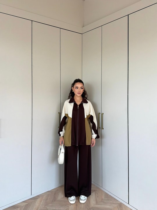 HR-1517H&R ButikPw- Hisa Yanları Detaylı Takım Kahve Yağ Yeşili
