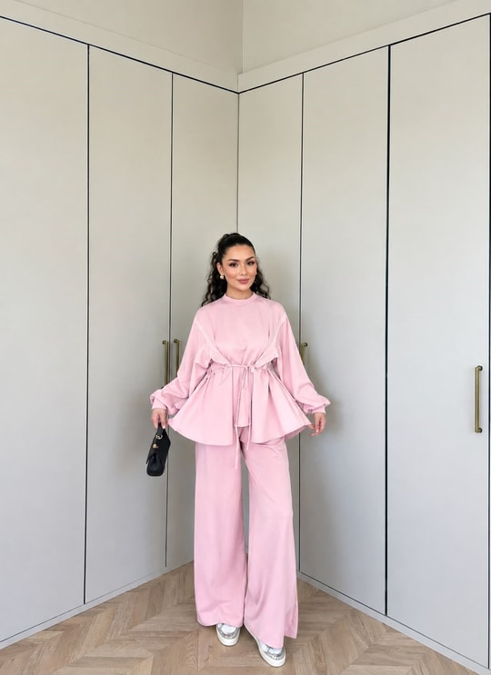 HR-2401H&R ButikPw - Jila Beli Bağlamalı Oysh Takım Pembe