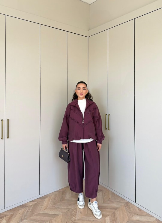HR-1528H&R ButikPw- Kilas Üst 3 Şeritli Modal Takım Mürdüm