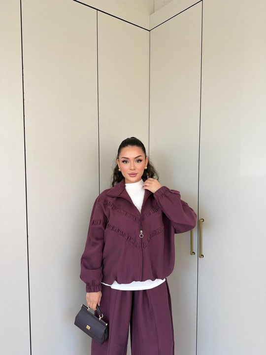 HR-1528H&R ButikPw- Kilas Üst 3 Şeritli Modal Takım Mürdüm