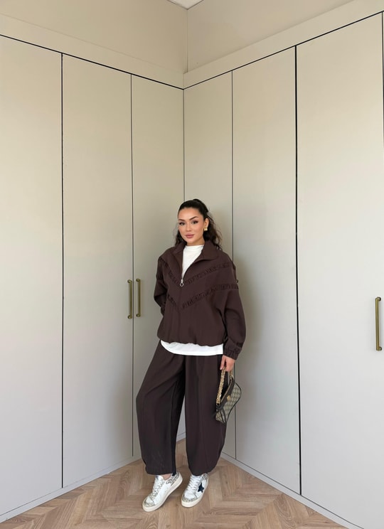 HR-1528H&R ButikPw- Kilas Üst 3 Şeritli Modal Takım Acı Kahve