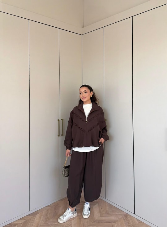 HR-1528H&R ButikPw- Kilas Üst 3 Şeritli Modal Takım Acı Kahve