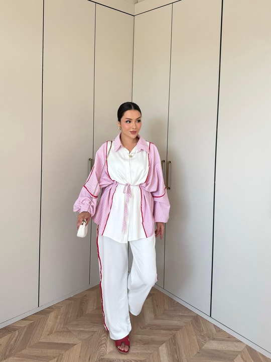 HR-2832H&R ButikPw - Nesa Çizgi Detaylı Oysh Takım Pembe