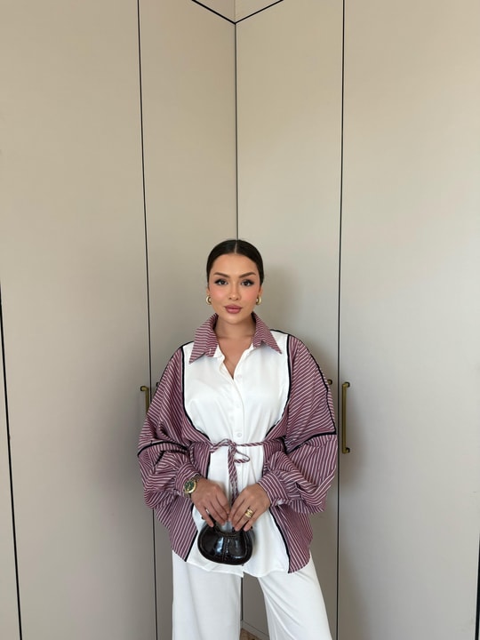 HR-2833H&R ButikPw - Nesa Çizgi Detaylı Oysh Takım Bordo