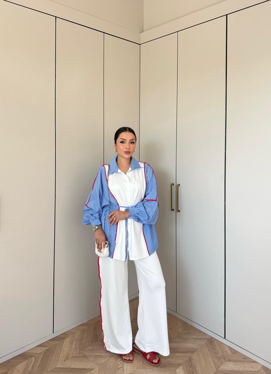 HR-2832H&R ButikPw - Nesa Çizgi Detaylı Oysh Takım Mavi
