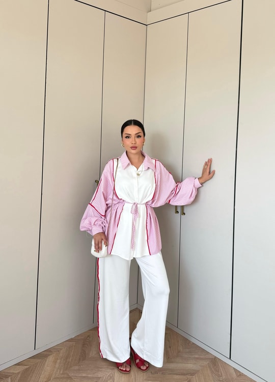 HR-2832H&R ButikPw - Nesa Çizgi Detaylı Oysh Takım Pembe