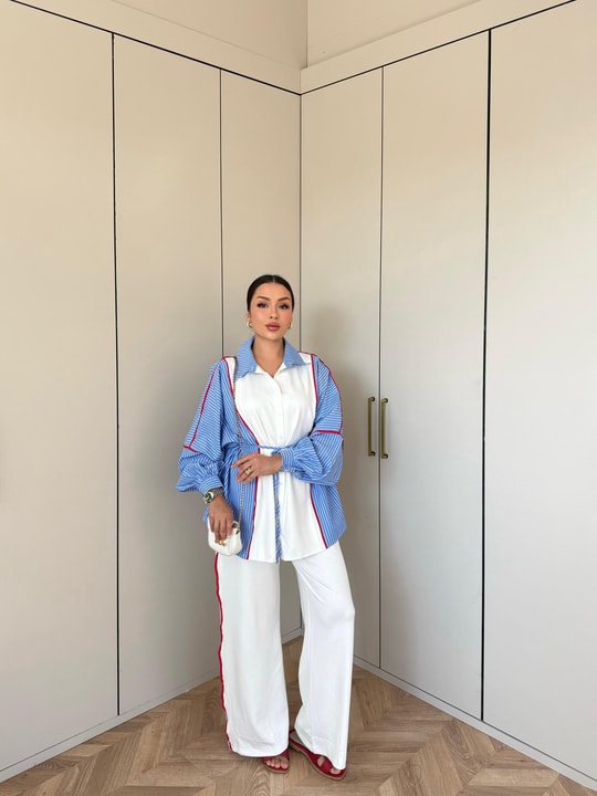 HR-2832H&R ButikPw - Nesa Çizgi Detaylı Oysh Takım Mavi