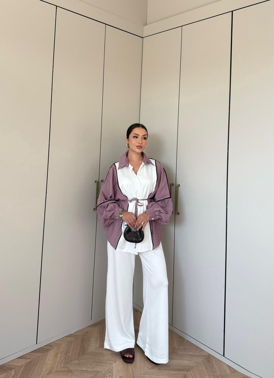 HR-2833H&R ButikPw - Nesa Çizgi Detaylı Oysh Takım Bordo