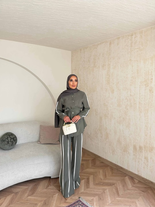 HR-0794H&R ButikPW - Neva Çizgi Detaylı Modal Takım Haki