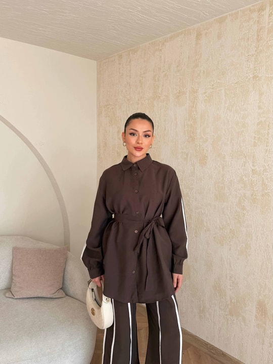 HR-0794H&R ButikPW - Neva Çizgi Detaylı Modal Takım Acı Kahve