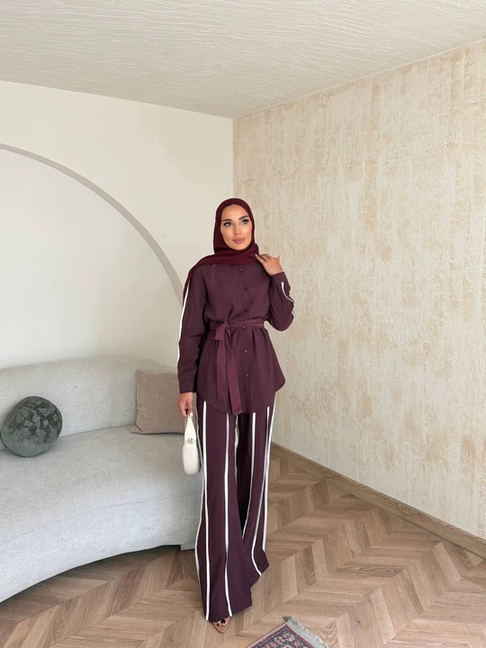 HR-0794H&R ButikPW - Neva Çizgi Detaylı Modal Takım Bordo