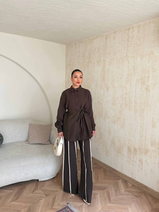 HR-0794H&R ButikPW - Neva Çizgi Detaylı Modal Takım Acı Kahve