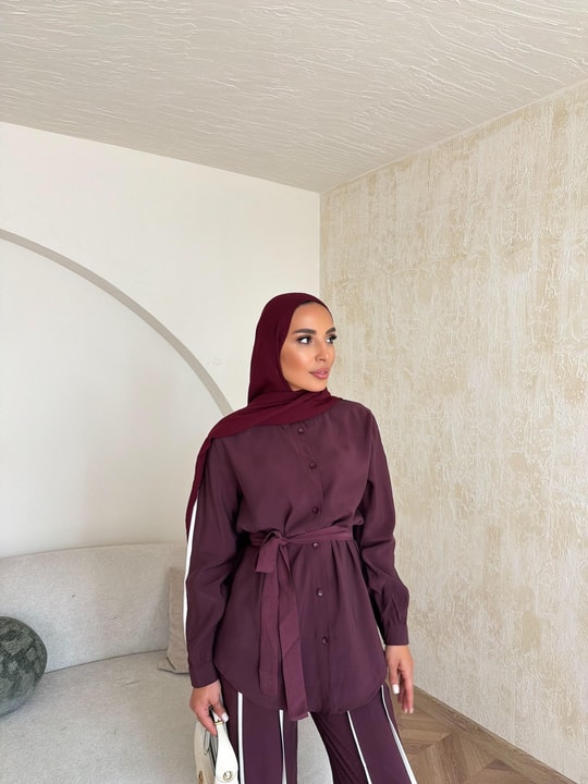 HR-0794H&R ButikPW - Neva Çizgi Detaylı Modal Takım Bordo